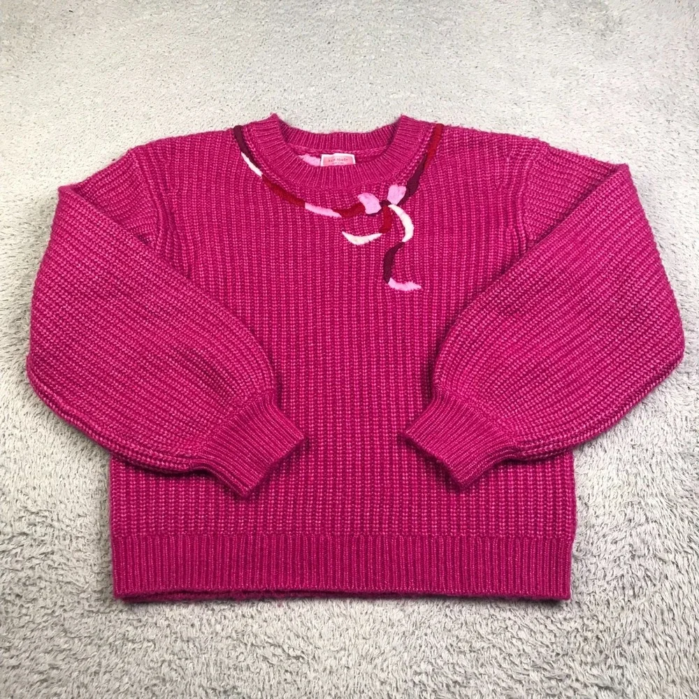 Kate Spade Sweater Womens M Hot Pink Wool‎ Bow Embroidery Ribbed Knit Pullover